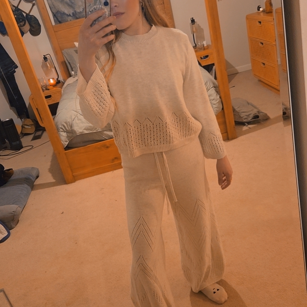 Cozy Wide Leg Knit Pants in Cream